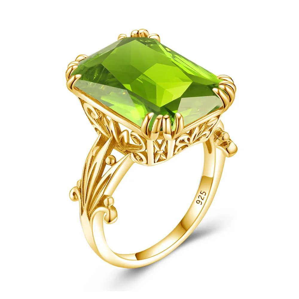 14K Gold Color Natural Peridot Ring 925 Sterling Silver Rings For Women Wedding Engagement Gemstones Silver