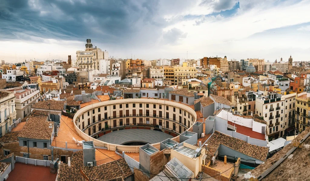 Aerial panoramic view of the old town in Valencia from Santa Caterina tower