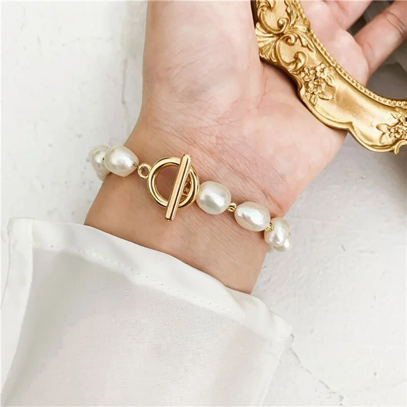 Peri sbox Gold Round Toggle Clasp Pearl Bracelet Genuine Freshwater Pearl Bracelets Dainty White Pearl Bracelet